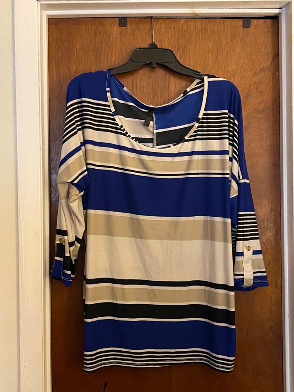 Striped Blue and Cream Women's Roll-Sleeve Top